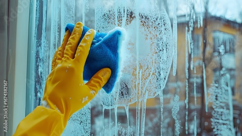 Cleaning Window Glass with Yellow Gloves and Blue Sponge