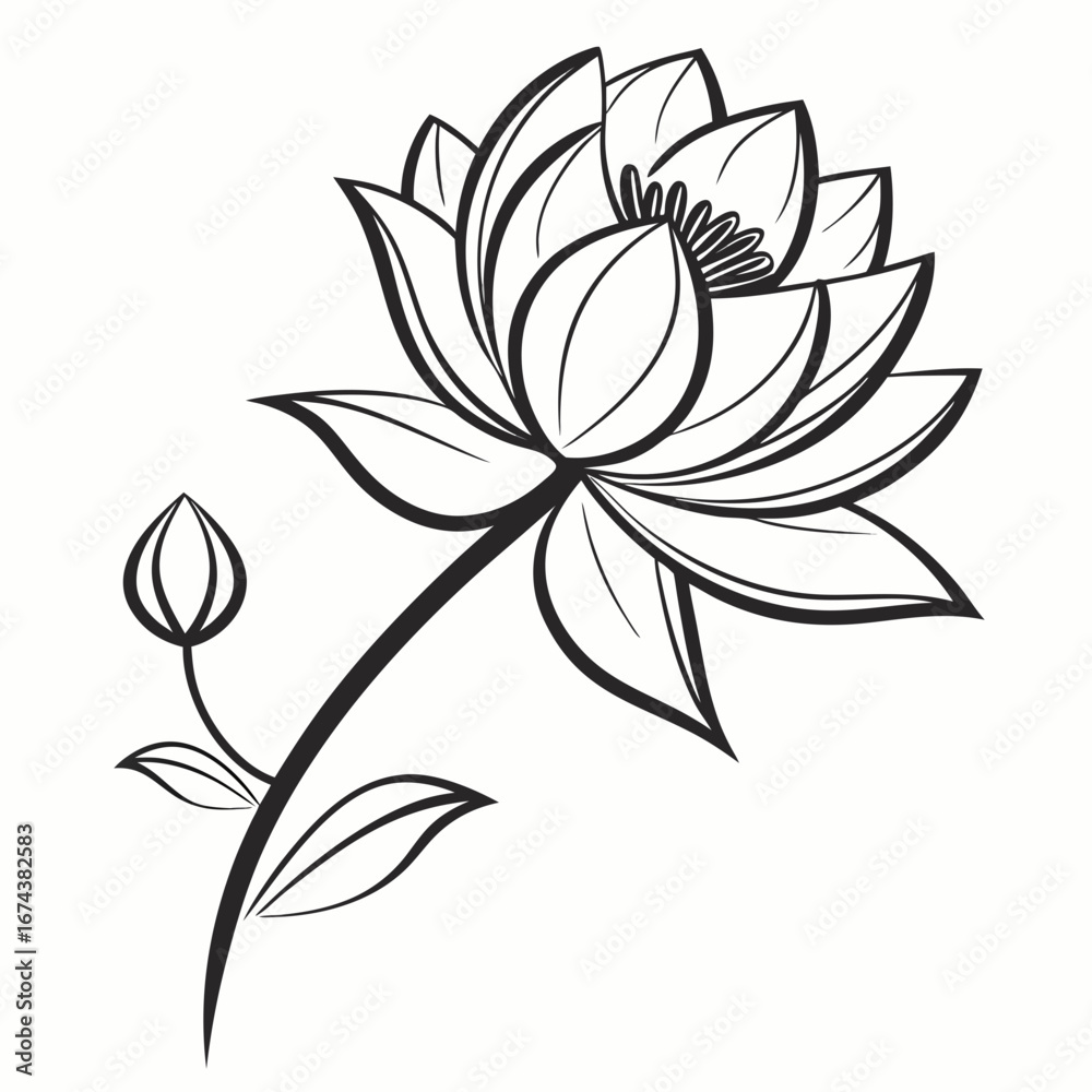 Fototapeta premium Elegant black and white line art illustration of a blooming lotus flower with a bud and leaves