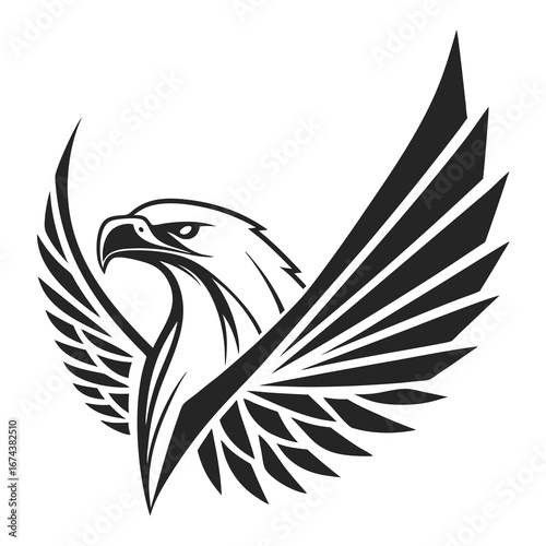 Bold black and white stylized eagle emblem with wings spread wide in a dynamic pose