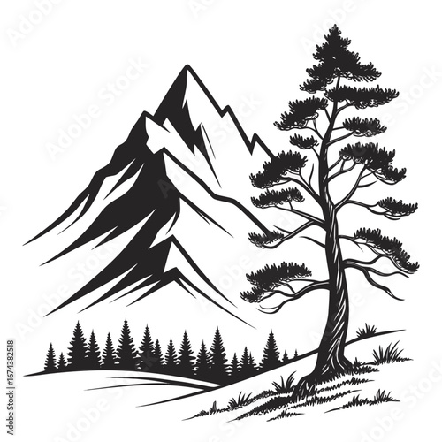 Black and white silhouette of a majestic mountain range with a lone pine tree in the foreground