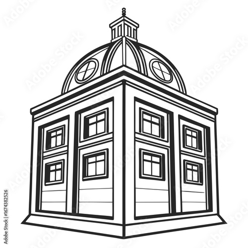 Classic architectural building with a dome and multiple windows rendered in a clean black and white line art style