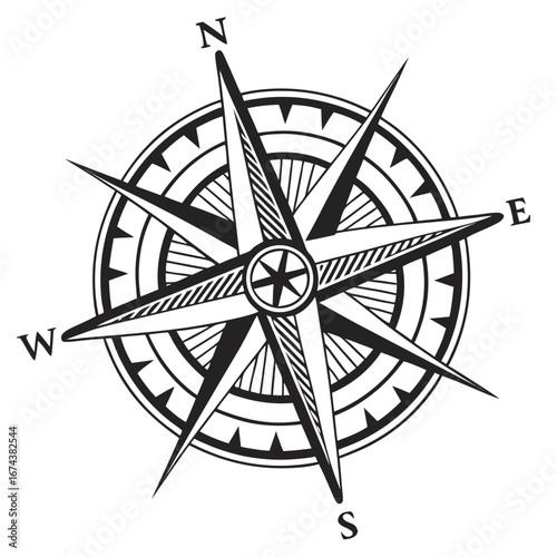 Classic black and white compass rose with north south east and west directions