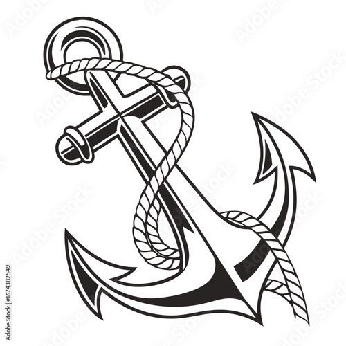 Classic black and white nautical anchor with a thick rope wrapped around its shank and ring