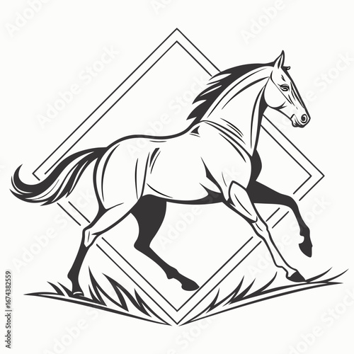 Elegant black and white illustration of a galloping horse within a geometric diamond frame