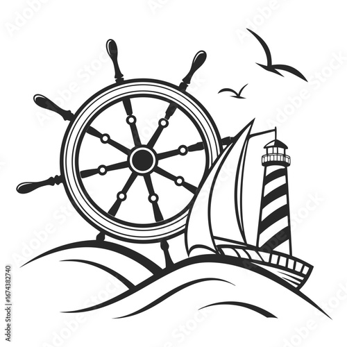 Nautical scene with ship s wheel sailboat lighthouse and seagulls over stylized waves