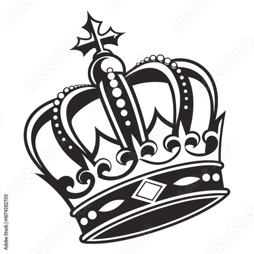 Ornate black and white crown illustration with detailed embellishments and a diamond accent