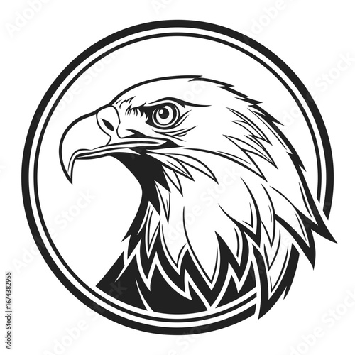 Stylized black and white eagle head emblem with sharp features inside a circular frame