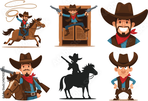 Vector illustration of wild west cowboy characters with guns, horse, lasso, saloon, western adventure, vintage style design for posters and cartoons.