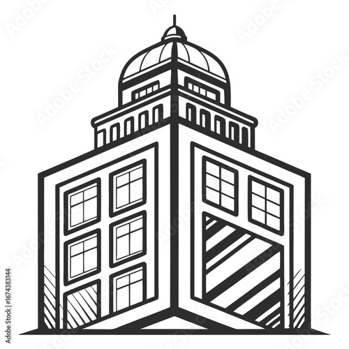 Stylized black and white illustration of a modern building with a dome and multiple windows