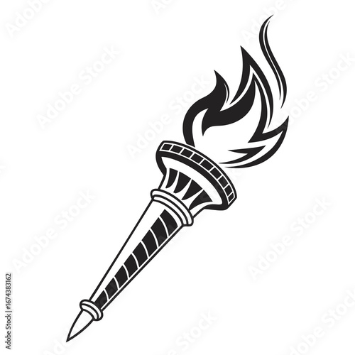 Stylized black and white illustration of a torch with a flame symbolizing victory and achievement