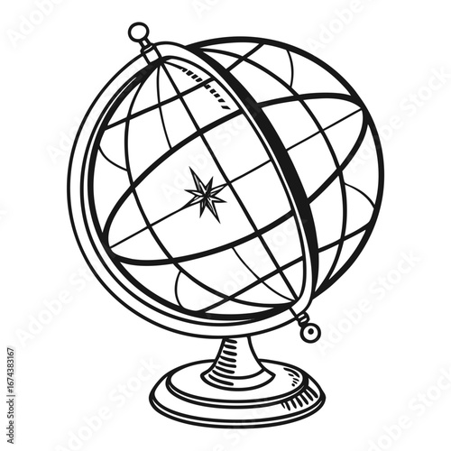 Stylized black and white illustration of a vintage globe with a compass rose and meridian ring