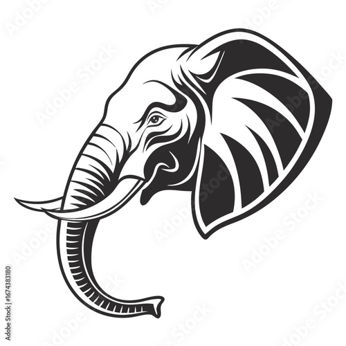 Stylized black and white illustration of an elephant head with tusks and trunk curled