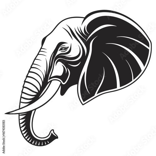 Stylized black and white illustration of an elephant head with tusks and large ears