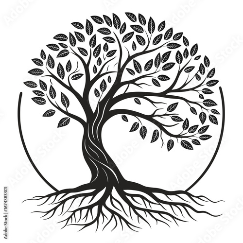 Stylized black silhouette of a tree with visible roots and leaves within a circular frame