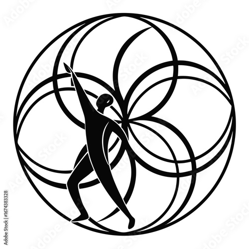 Stylized human figure reaching upwards within a circular geometric pattern symbolizing growth and harmony