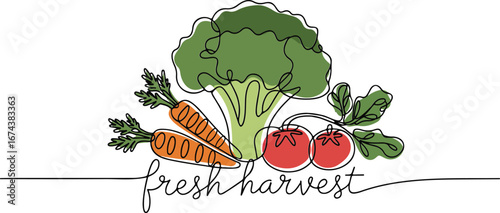 continuous one line drawing of fresh vegetables including broccoli, carrots, tomatoes, and leafy greens