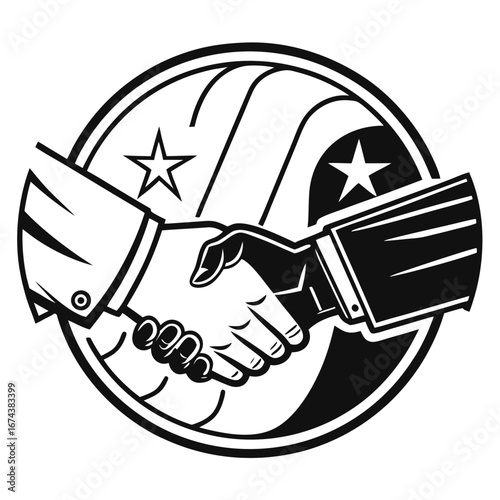Two business people shaking hands in agreement within a circular emblem featuring stars and stripes