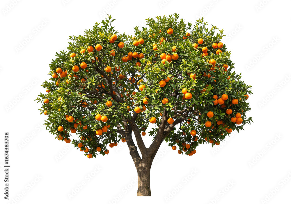 Fototapeta premium Lush orange tree laden with ripe citrus fruit ready for harvest against a clean white backdrop