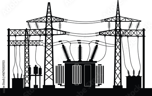 Vector illustration of a black and white silhouette of a power station, featuring a crane and towers against an industrial cityscape