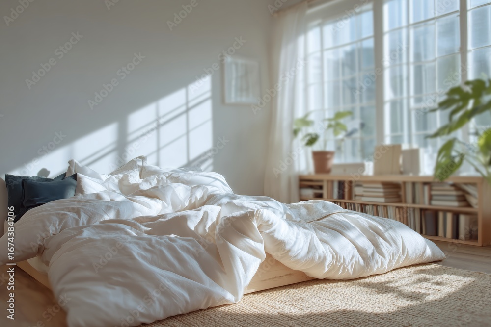 Fototapeta premium Cozy bedroom with sunlight streaming through windows, highlighting a unmade bed.
