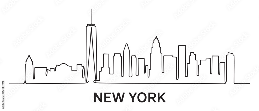 Obraz premium One single line drawing New York city skyline United States. Historical town landscape in world. Best holiday destination poster. Vector black silhouette. with white background