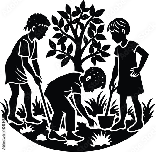 Group of Children Planting Trees – Environmental Conservation, Sustainability, Growth, Future Generations, Eco-Friendly Education, Green Earth, Community Volunteering, Nature Care, Climate Awareness