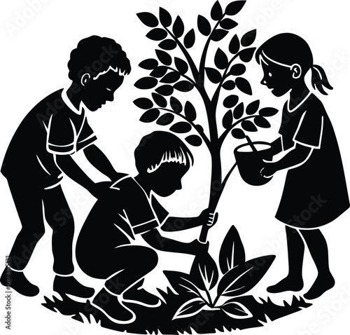 Group of Children Planting Trees – Environmental Conservation, Sustainability, Growth, Future Generations, Eco-Friendly Education, Green Earth, Community Volunteering, Nature Care, Climate Awareness