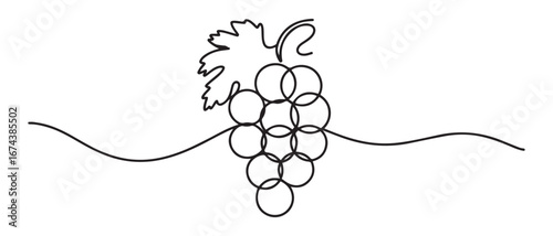 Single continuous line drawing healthy organic grapes for vineyard logo identity. Fresh tropical fruitage concept for fruit orchard garden icon. Vector black silhouette. with white background