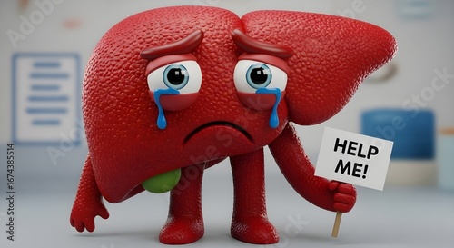3D Illustration of a Sad Liver Character Holding a Help Sign — Conceptual Medical Awareness Design