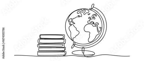 Earth globe beside books stack. Continuous one line drawing minimalist vector illustration design. Vector black silhouette. with white background