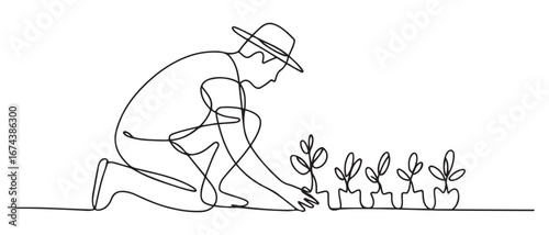 Single continuous line drawing young male farmer planting plant shoots in the ground. Start the planting period. Vector black silhouette. with white background