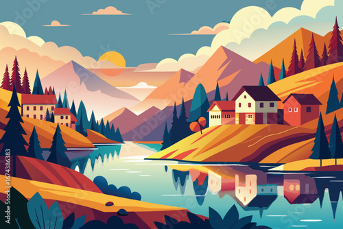Mountain village landscape with lake and sunset autumn