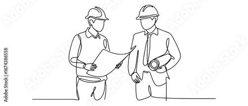 Single continuous line drawing of young architect discussing construction design with foreman manager. Building architecture business concept. Vector black silhouette. with white background