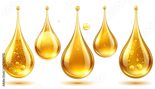 Vector art showing five teardrop-shaped globs of golden, translucent liquid with light reflection