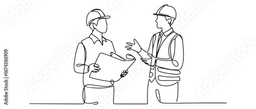 Single continuous line drawing of young architect discussing construction design with foreman manager. Building architecture business concept. Vector black silhouette. with white background
