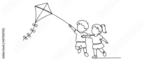 Single continuous line drawing little boy and girl flying kite. Siblings playing together. Kids playing kite in playground. Vector black silhouette. with white background