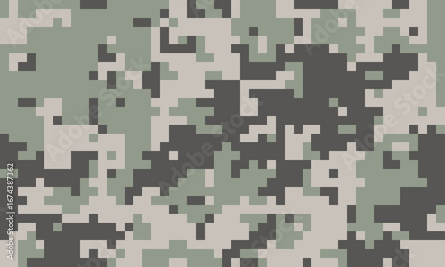 Abstract digital camouflage pattern in muted greens and grays.  Perfect for backgrounds, textiles, or militarythemed designs.  This pixelated texture offers a modern, versatile aesthetic.