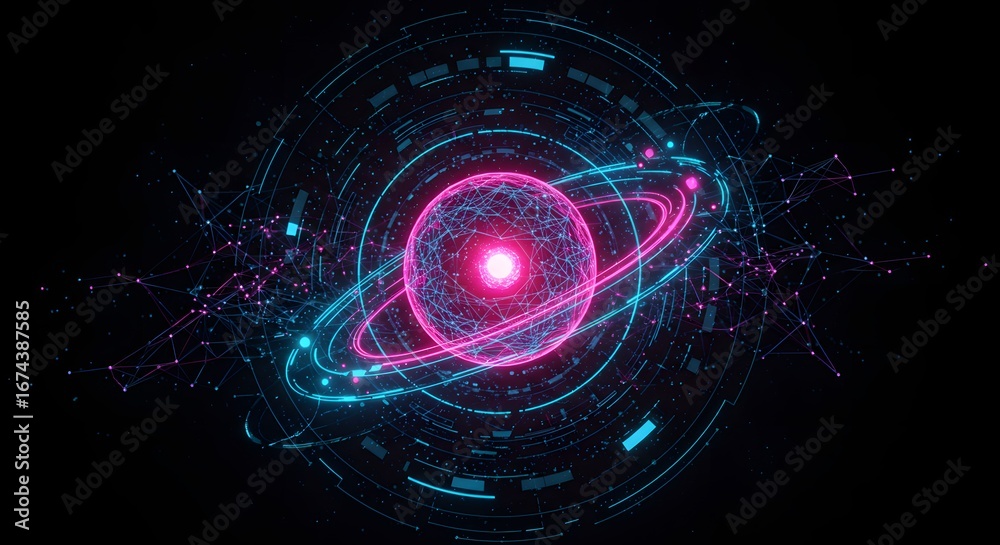 Obraz premium An abstract atom-like sphere with orbiting rings and a plexus network. Big data and futuristic technology concept. A visual representation of a complex information system or AI core.