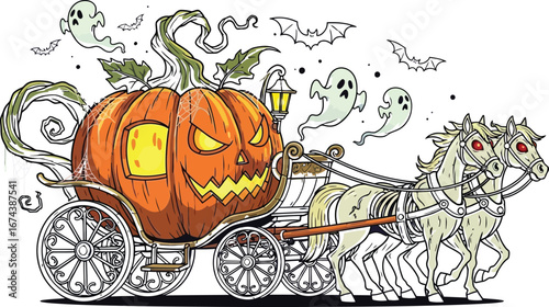 Spooky pumpkin carriage pulled by skeletal horses for a halloween celebration