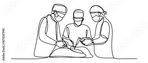 Single continuous single line drawing group of team surgeon doctor doing surgery operation to the patient with critical condition. Vector black silhouette. with white background
