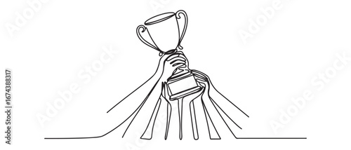 Continuous one line drawing golden trophy held by many hands. Symbol of winning championships, matches and sports competitions. Vector black silhouette. with white background