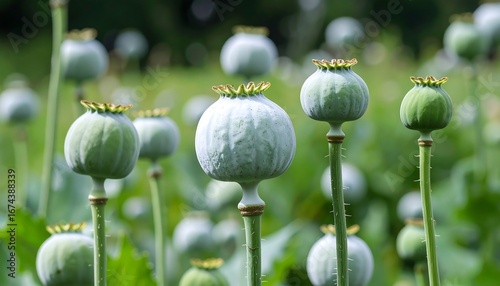 Green opium poppy seed pods in a field