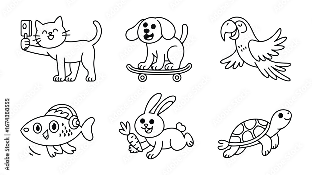Obraz premium Vector art of collection of cute cartoon animals including a cat taking a selfie, a dog on a skateboard, a parrot, a fish with headphones, a rabbit with a carrot, and a turtle