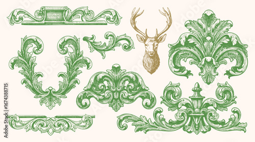 Vintage ornamental illustration featuring decorative baroque elements, floral flourishes, ornate frames, and a majestic stag head.