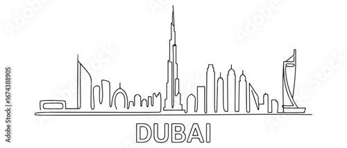 One continuous line drawing of Dubai city skyline United Arab Emirates. Beautiful city landmark. World landscape tourism and travel. Vector black silhouette. with white background