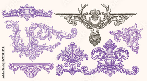 Vintage ornamental illustration featuring decorative baroque elements, floral flourishes, ornate frames, and a majestic stag head.