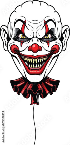 Scary clown with sharp teeth and red makeup stares intensely on a white backdrop