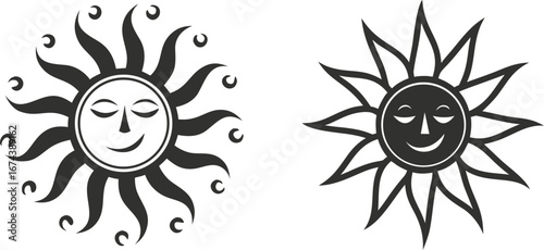 A vector illustration of a spider on a white background with a decorative floral yellow ornament and a sun icon