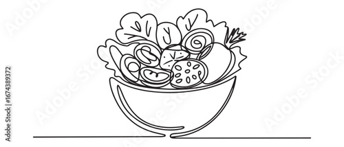 One single line drawing of fresh healthy vegetables salad logo vector graphic illustration. Vector black silhouette. with white background