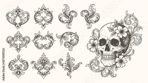 Detailed vintage skull illustration with floral decorations and ornate baroque elements, featuring elegant flourishes, curls, and patterns.